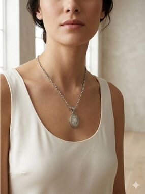 Andrea Candela (Birks) Silver & 18K Gold Filigree Diamond Oval Pendant Necklace